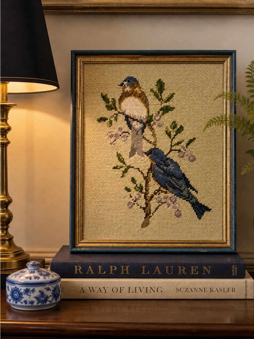 Vintage Crewel Bird Needlepoint Framed Wall Art | 14.75” x 12”